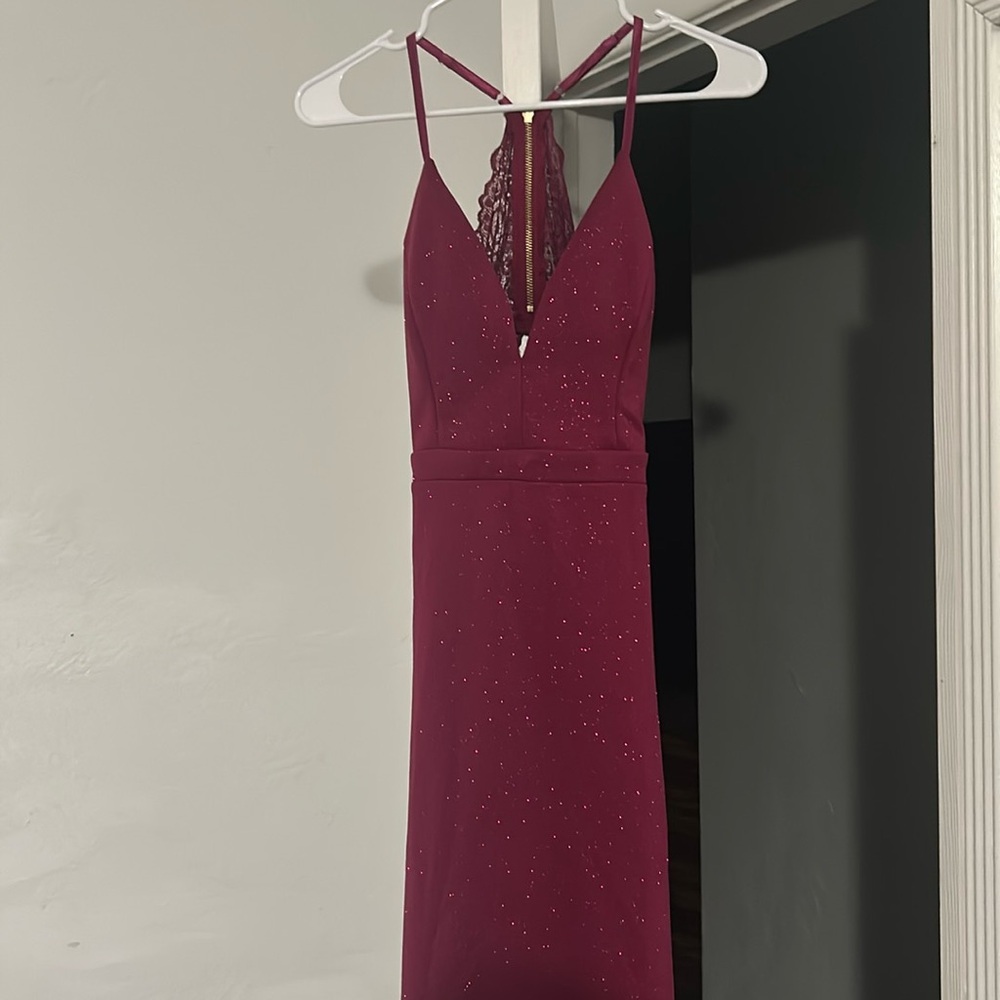 Emerald Sundae M- Magenta shimmer lace back cut out dress. Very elegant!